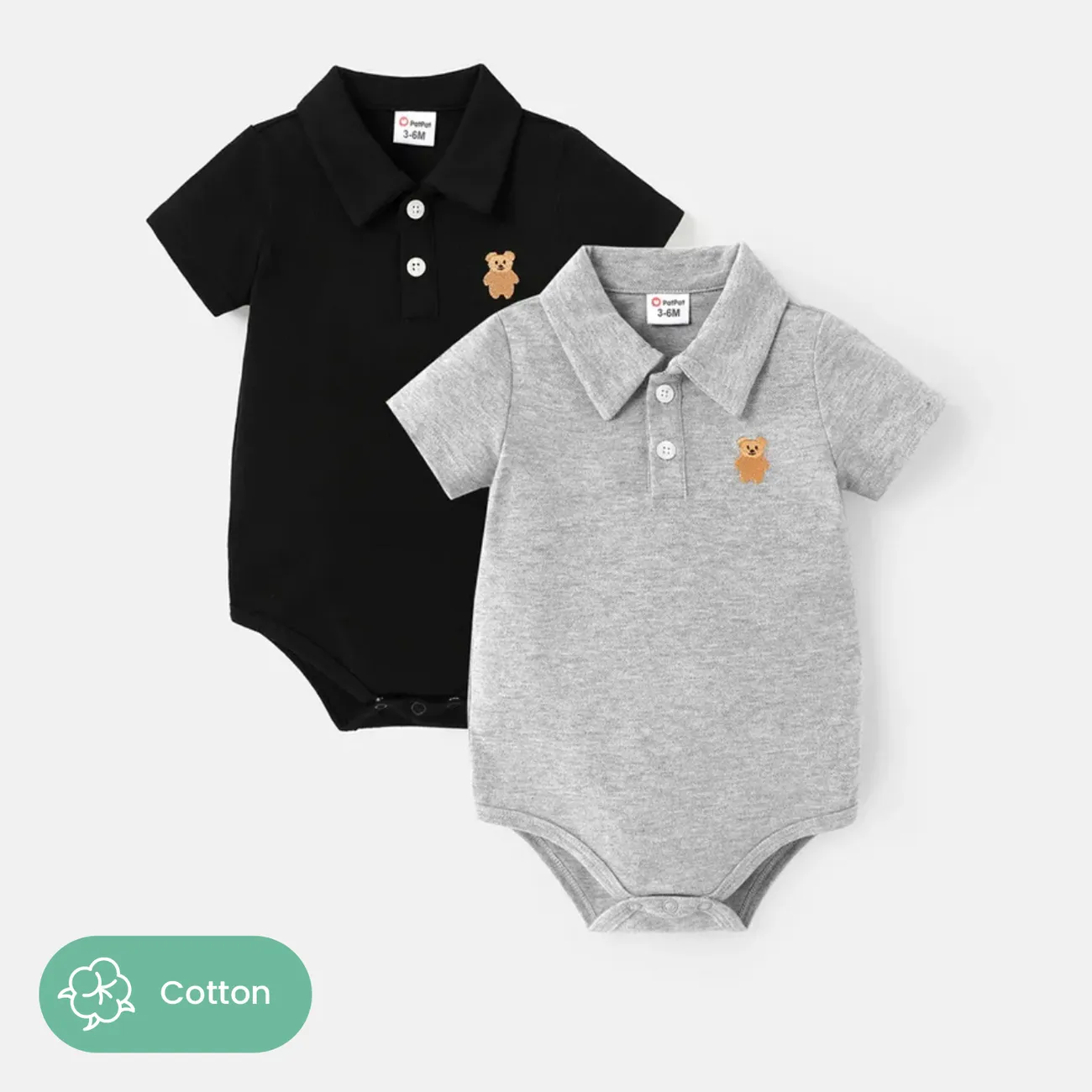Baby Boy 100% Cotton Bear Embroidered Polo Collar Short-sleeve Pique Rompers Grey big image 1