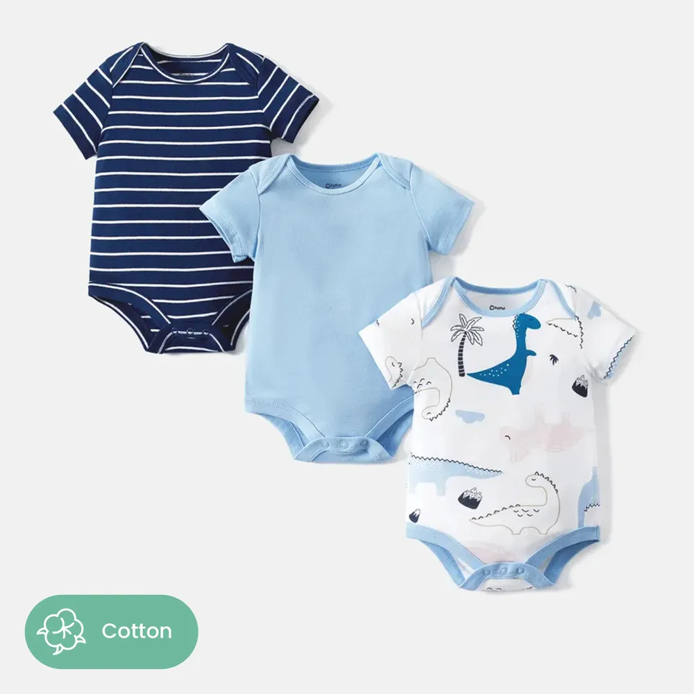 3-Pack Baby Girl/Boy Dinosaur Print/Stripe/Solid Color Short-sleeve Rompers  big image 1