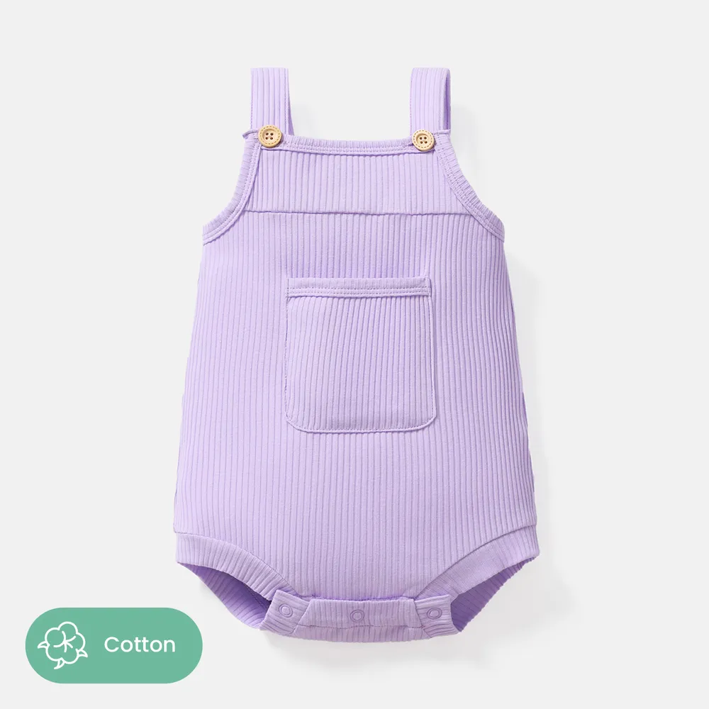 Baby Girl 100% Cotton Solid Color Ribbed Sleeveless Rompers big image 6