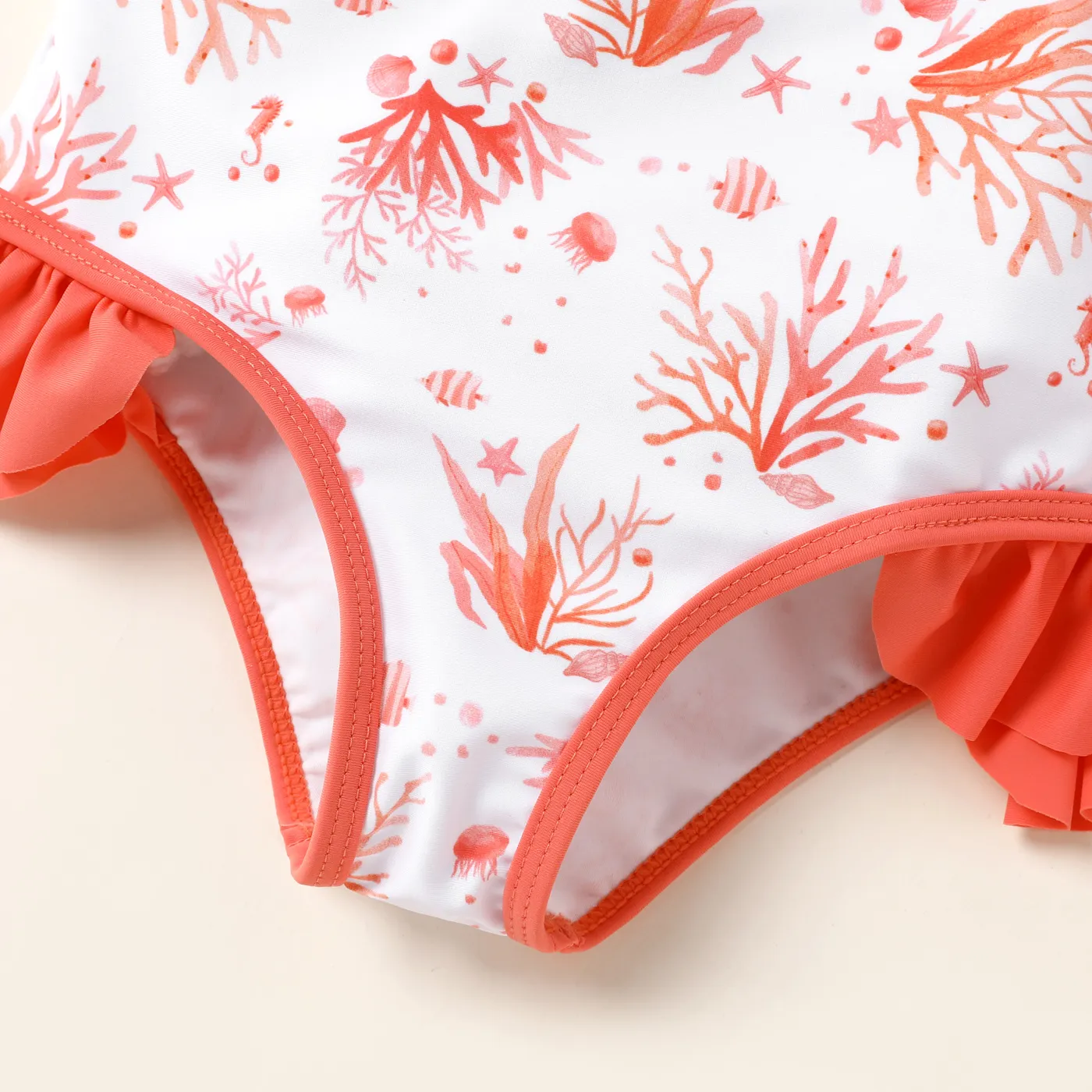 Kid Girl Contrast Ruffle Trim Allover Ocean Graphic One-piece Swimsuit  image 4