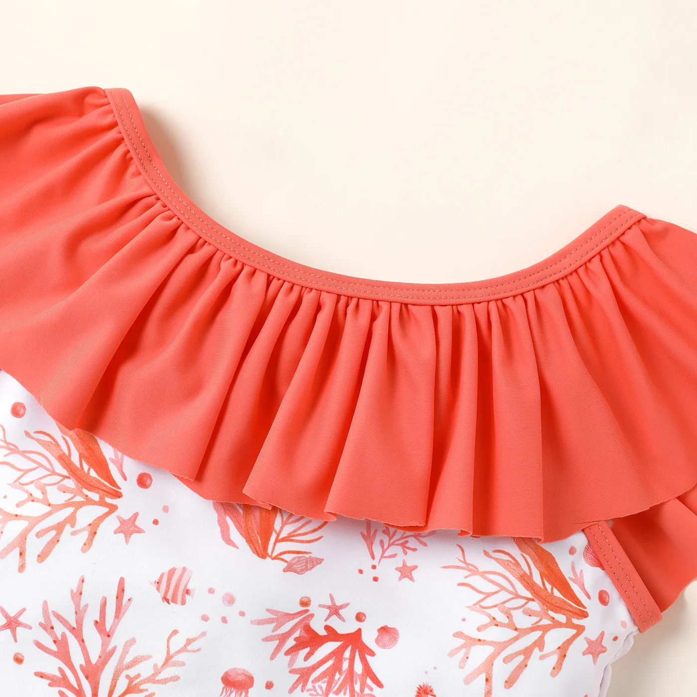 Kid Girl Contrast Ruffle Trim Allover Ocean Graphic One-piece Swimsuit  image 3