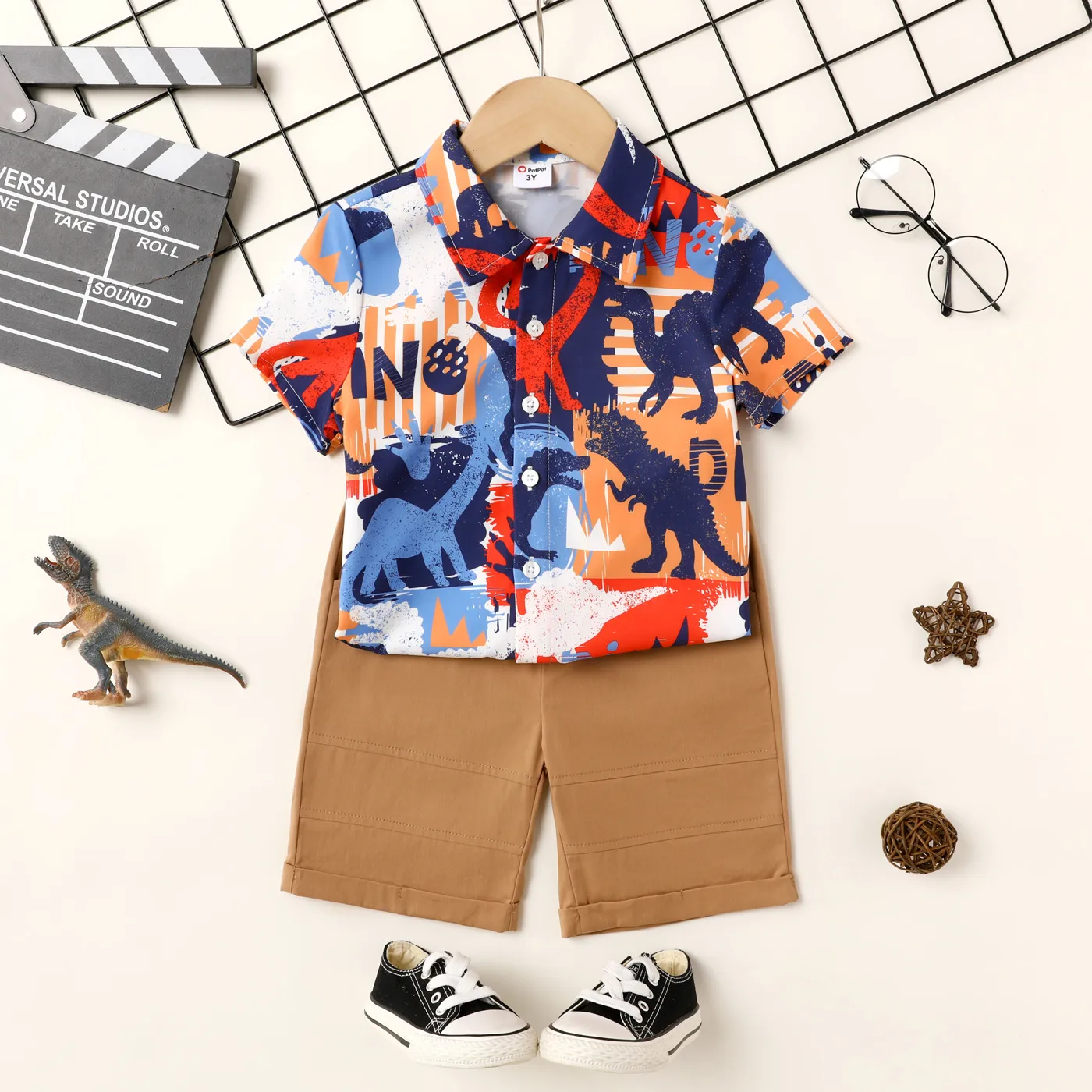 2Pcs Toddler Boy Dinosaur Print Short-sleeve Shirt And Shorts Set