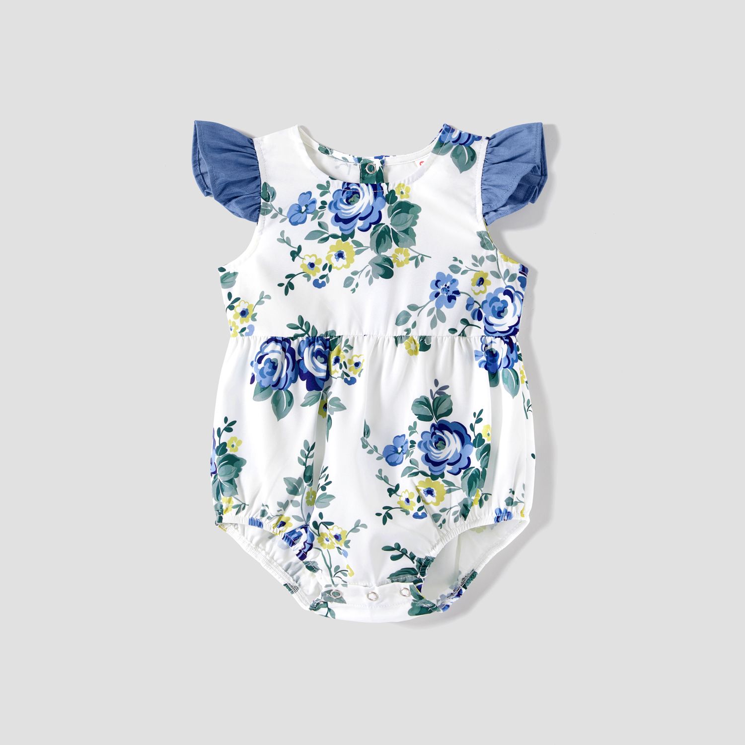 Family Matching 100% Cotton Blue Short-sleeve Shirts and Floral Print Ruffle Trim Spliced Cami Dress
