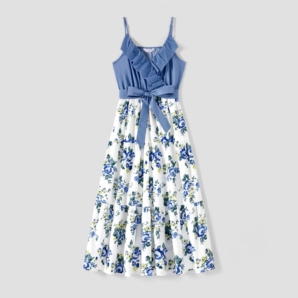 Family Matching 100% Cotton Blue Short-sleeve Shirts and Floral Print Ruffle Trim Spliced Cami Dresses Sets  big image 12