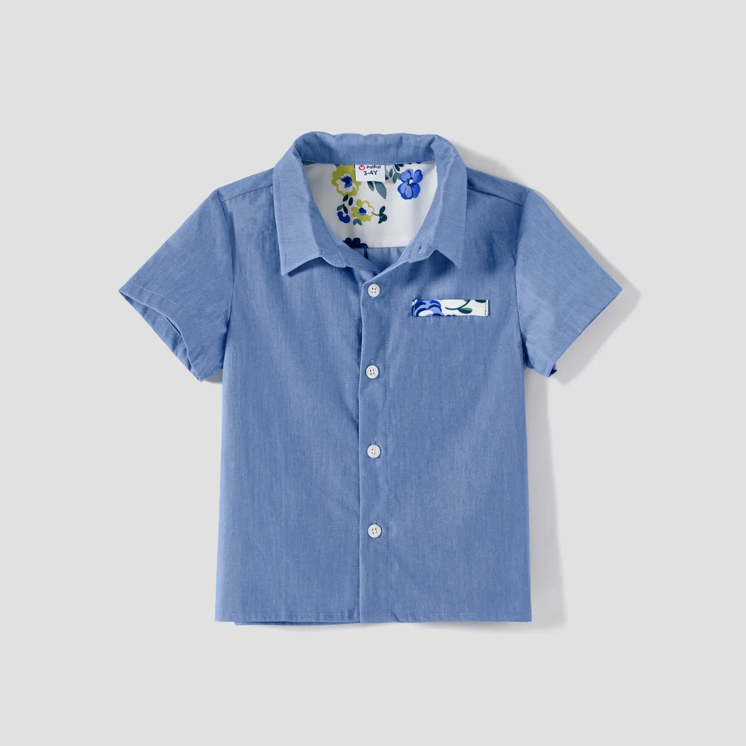 Family Matching 100% Cotton Blue Short-sleeve Shirts and Floral Print Ruffle Trim Spliced Cami Dresses Sets  big image 6