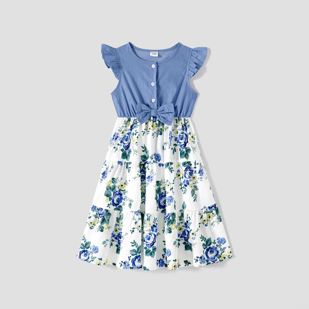 Family Matching 100% Cotton Blue Short-sleeve Shirts and Floral Print Ruffle Trim Spliced Cami Dresses Sets  big image 10