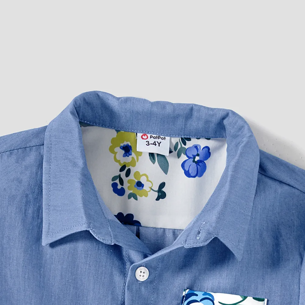Family Matching 100% Cotton Blue Short-sleeve Shirts and Floral Print Ruffle Trim Spliced Cami Dresses Sets big image 7