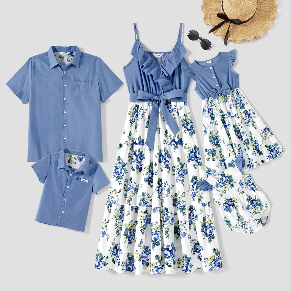 Family Matching 100% Cotton Blue Short-sleeve Shirts and Floral Print Ruffle Trim Spliced Cami Dresses Sets  big image 2