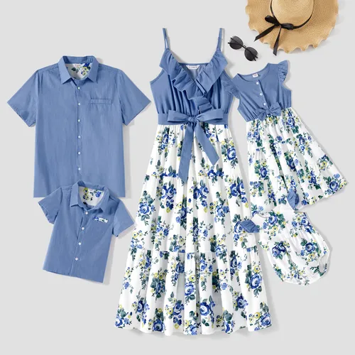 Family Matching 100% Cotton Blue Short-sleeve Shirts and Floral Print Ruffle Trim Spliced Cami Dresses Sets