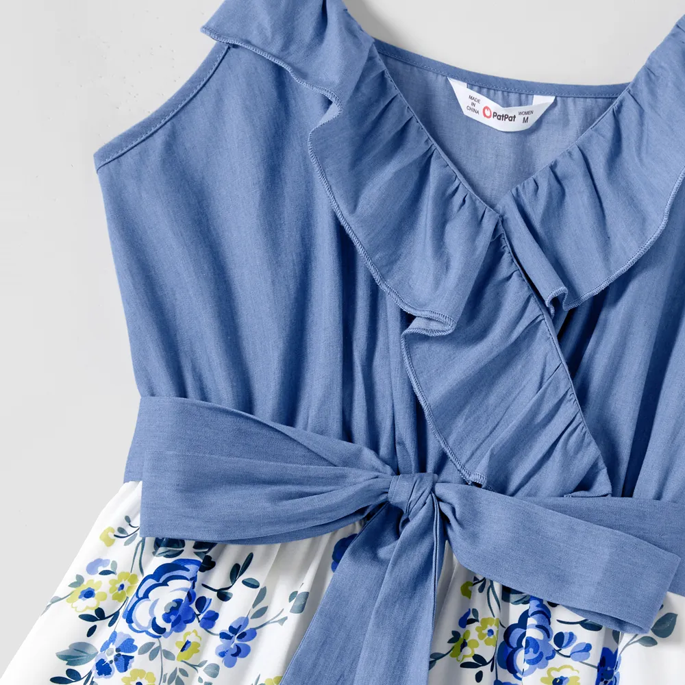 Family Matching 100% Cotton Blue Short-sleeve Shirts and Floral Print Ruffle Trim Spliced Cami Dresses Sets big image 13