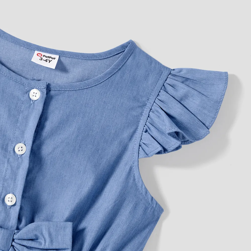 Family Matching 100% Cotton Blue Short-sleeve Shirts and Floral Print Ruffle Trim Spliced Cami Dresses Sets big image 11