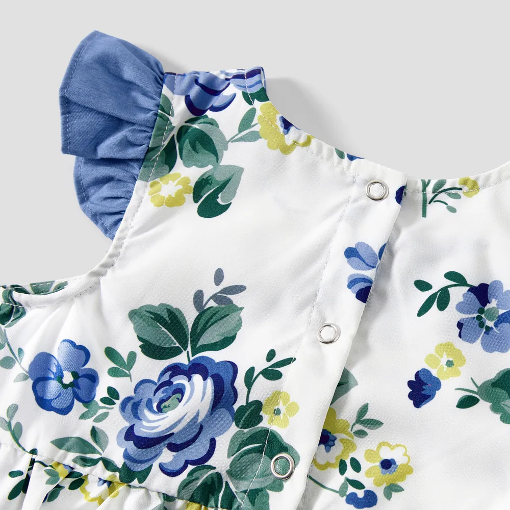 Family Matching 100% Cotton Blue Short-sleeve Shirts and Floral Print Ruffle Trim Spliced Cami Dresses Sets  big image 5