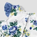 Family Matching 100% Cotton Blue Short-sleeve Shirts and Floral Print Ruffle Trim Spliced Cami Dresses Sets  image 5