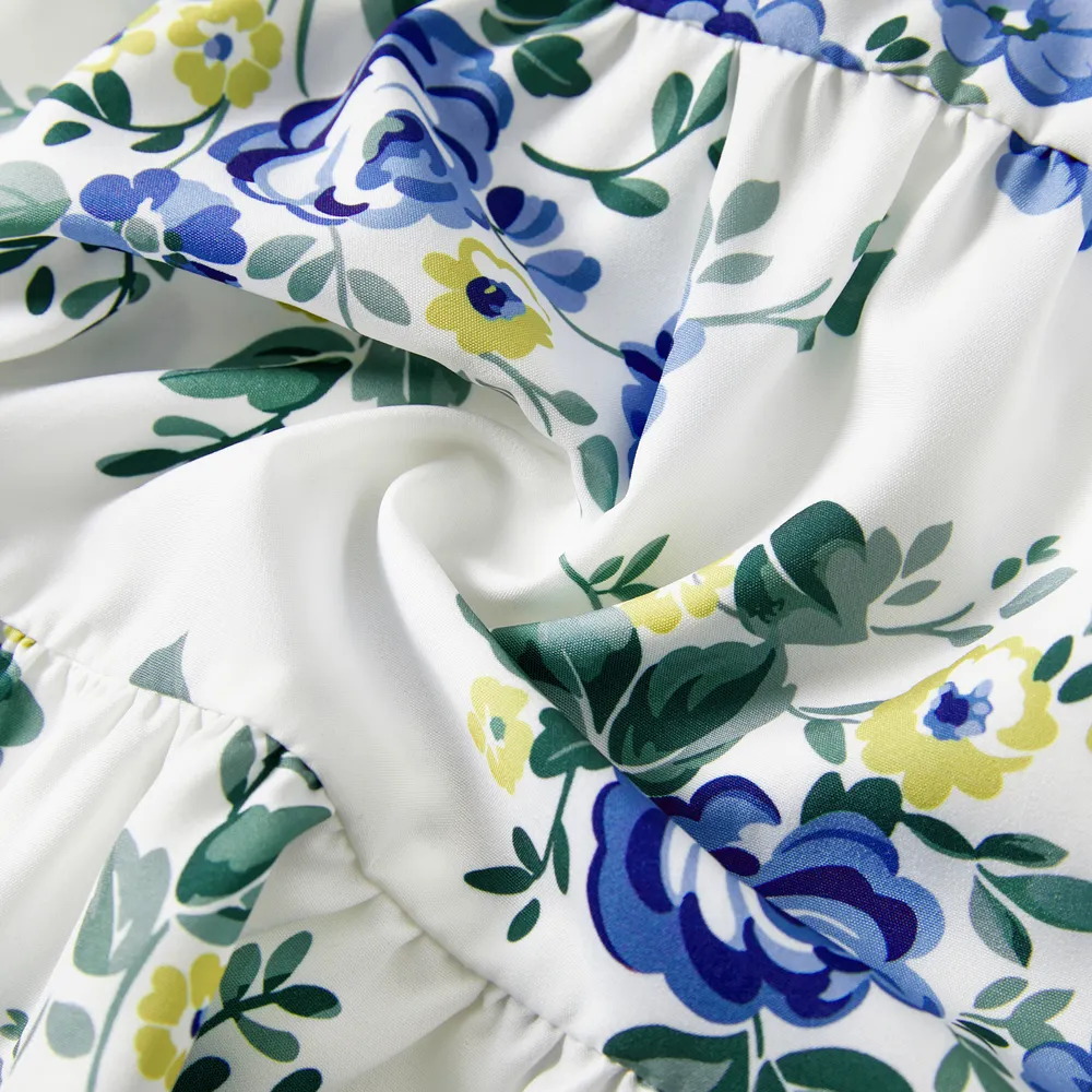 Family Matching 100% Cotton Blue Short-sleeve Shirts and Floral Print Ruffle Trim Spliced Cami Dresses Sets big image 9