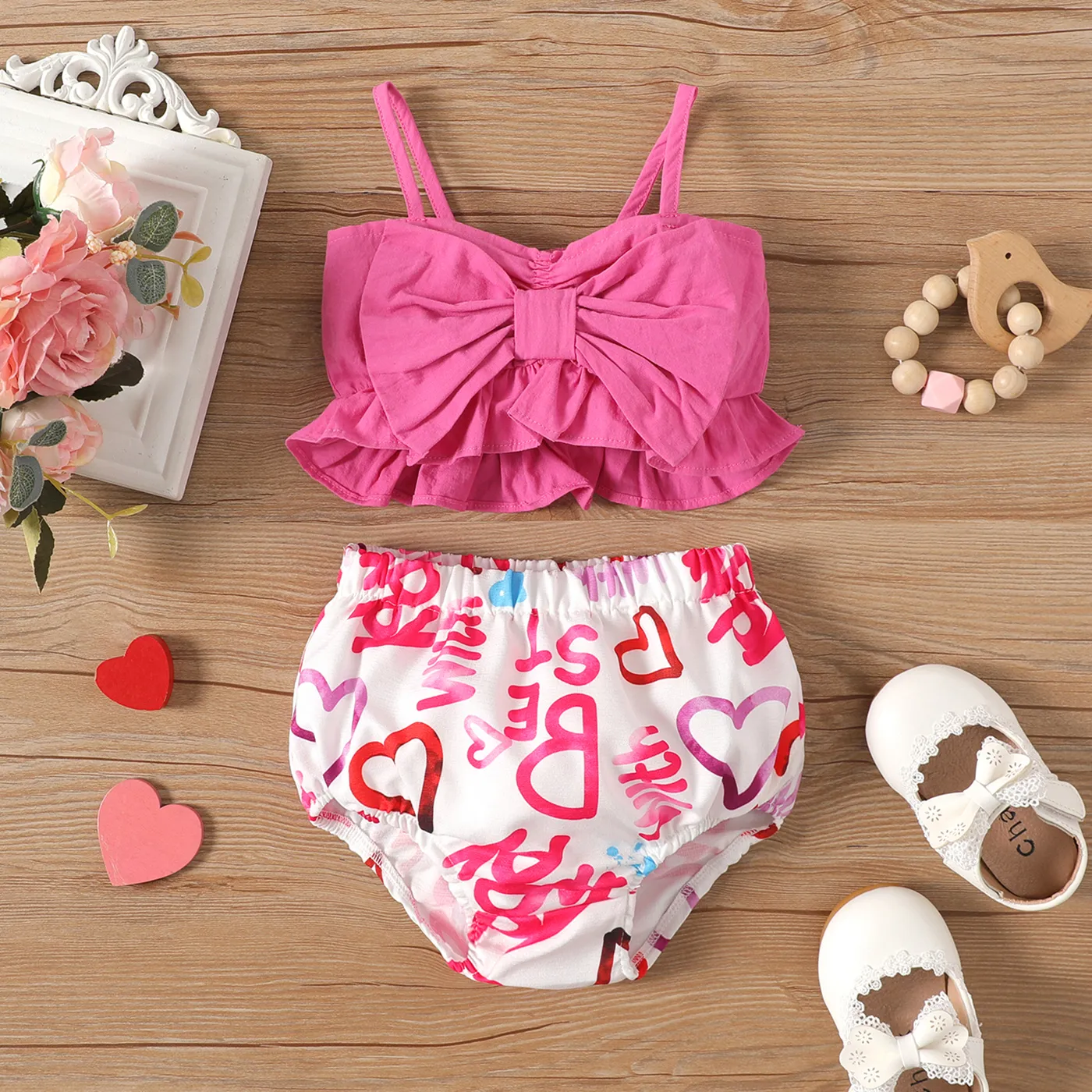 2pcs Baby Girl 100% Cotton Bow Front Cami Crop Top And Tortoise Letter Print Shorts Set