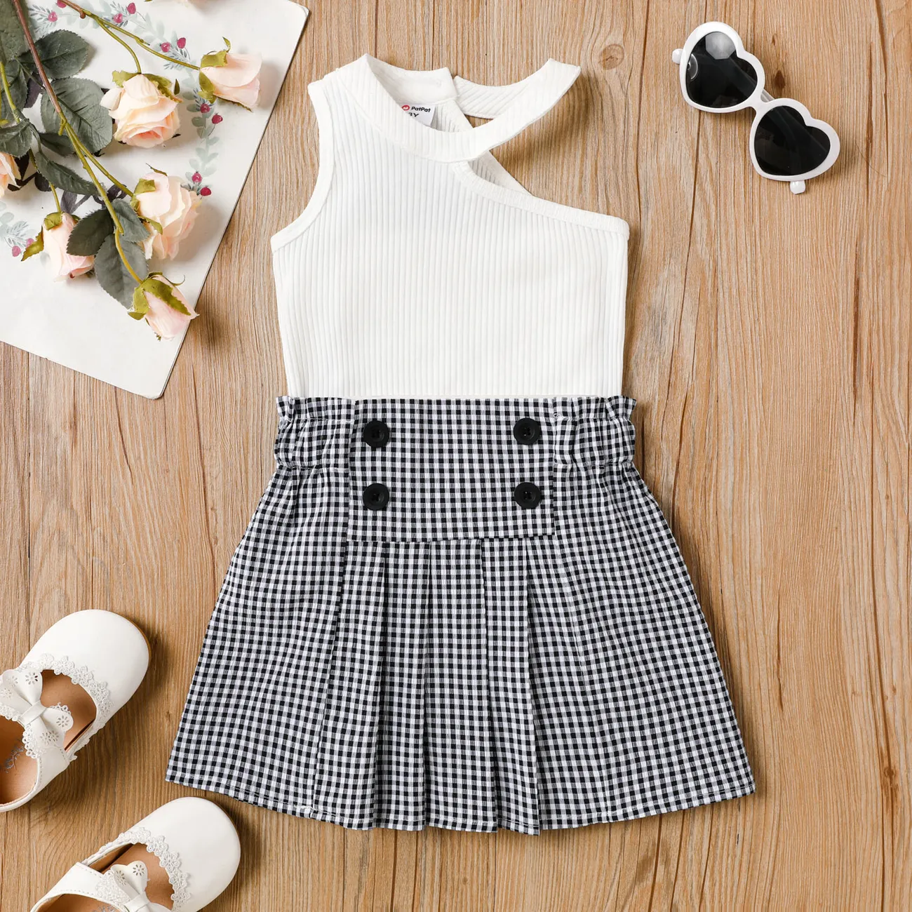 2Pcs Toddler Girl One-Shoulder Cotton Top and Button Decor Plaid Skirt Set  big image 1