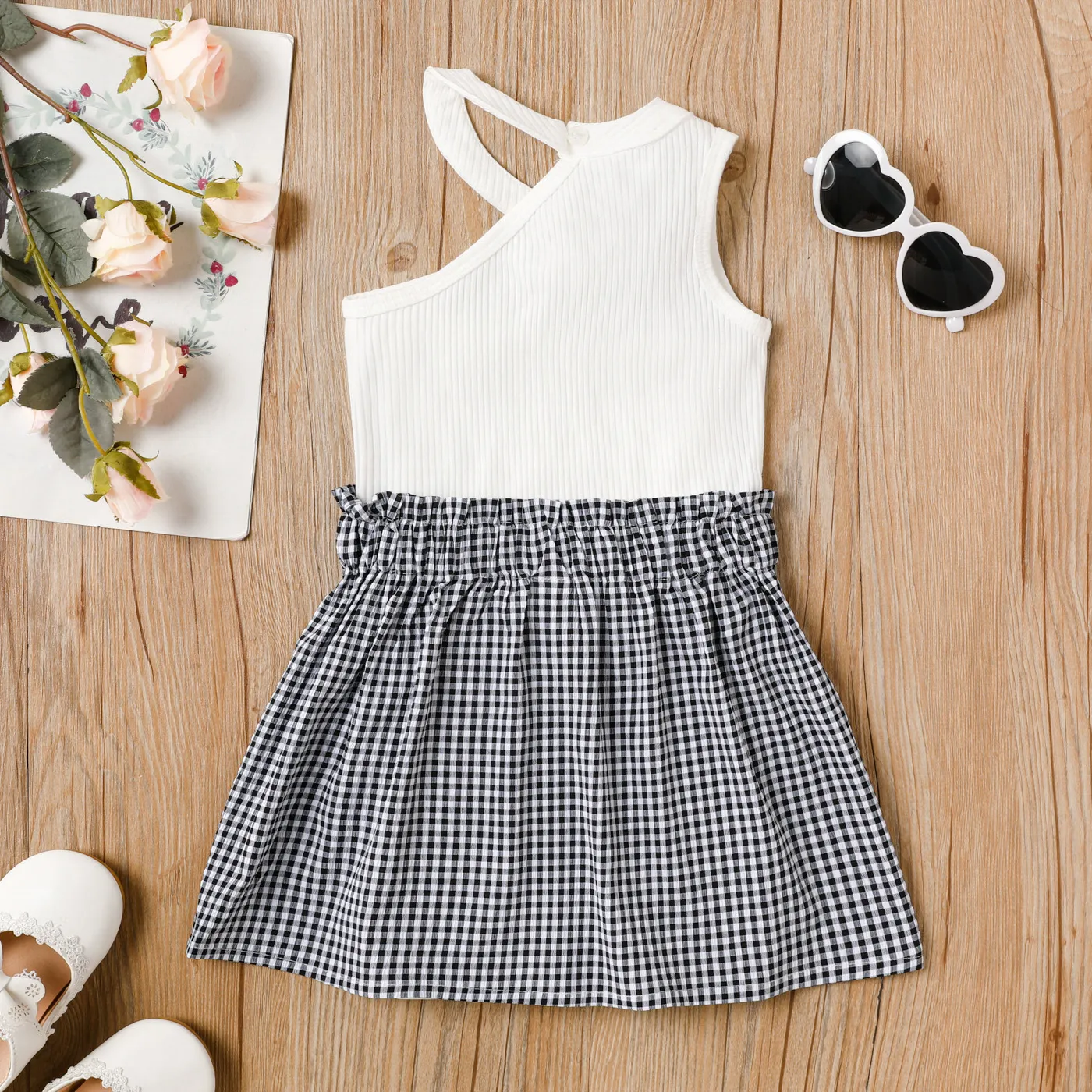 2Pcs Toddler Girl One-Shoulder Cotton Top and Button Decor Plaid Skirt Set  image 2