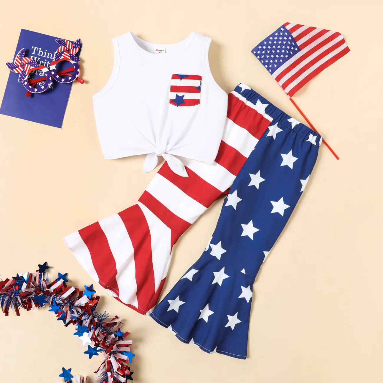 Independence Day 2pcs Toddler Girl Knot Hem Patch Pocket Tank Top and Colorblock Flared Pants Set  big image 1