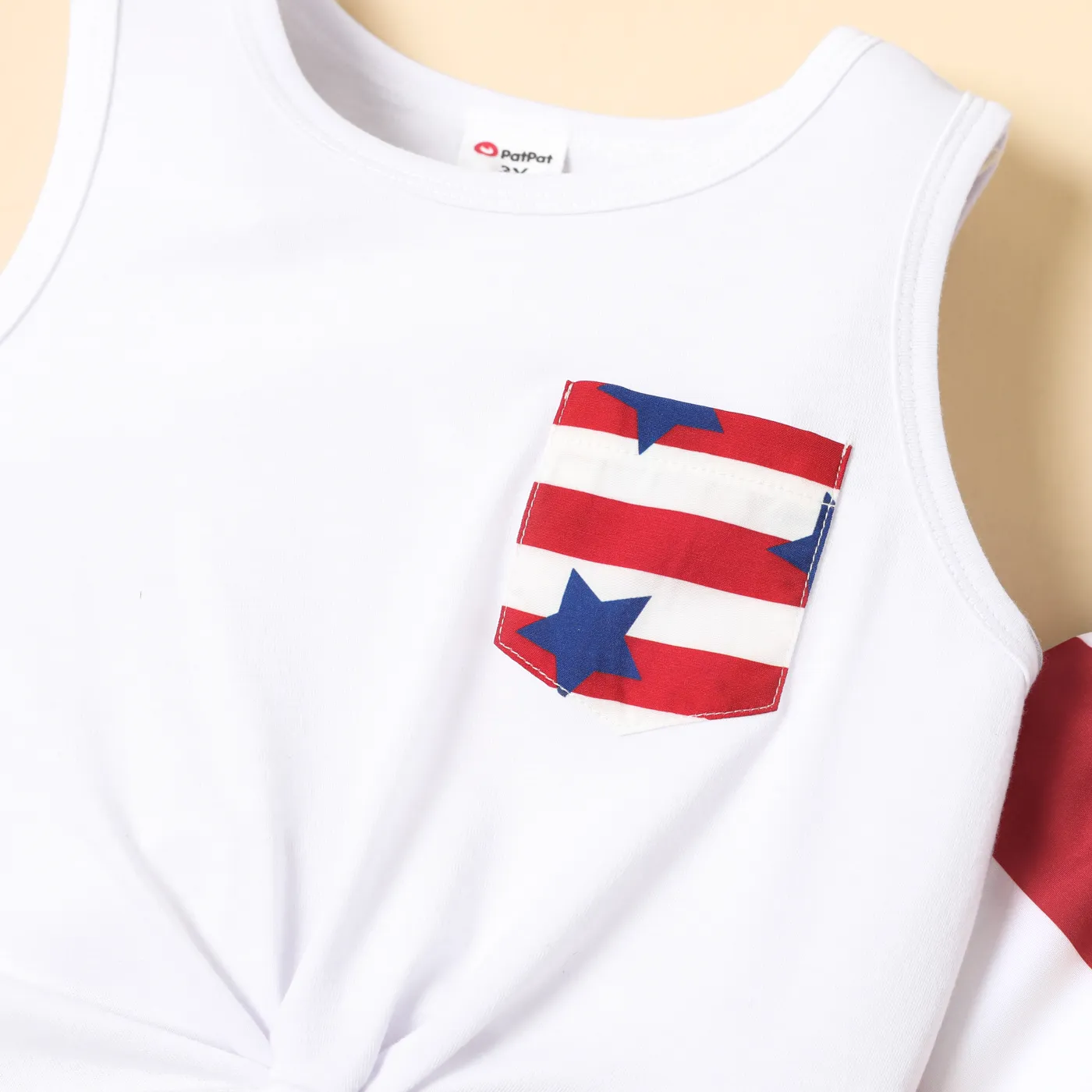 Independence Day 2pcs Toddler Girl Knot Hem Patch Pocket Tank Top and Colorblock Flared Pants Set White image 3
