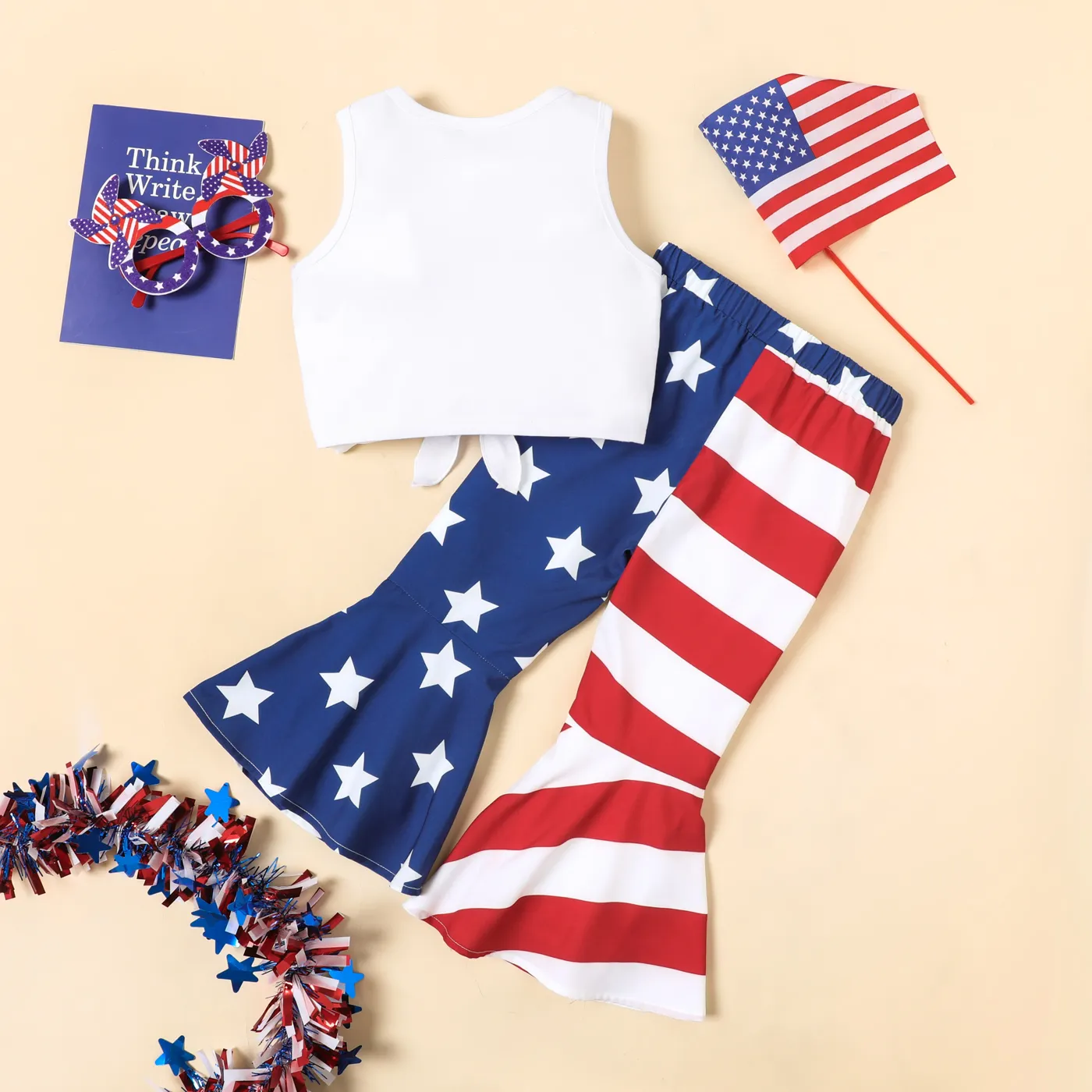 Independence Day 2pcs Toddler Girl Knot Hem Patch Pocket Tank Top and Colorblock Flared Pants Set White image 2