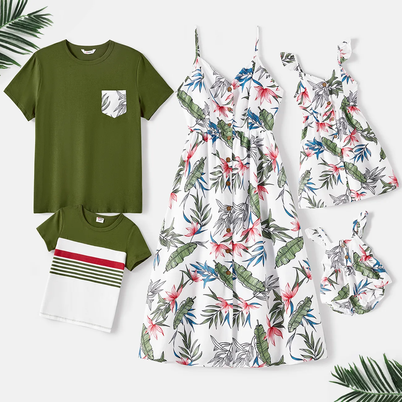 Family Matching Cotton Short-sleeve T-shirts and Allover Floral Print Button Front Cami Dresses Sets Army green big image 1