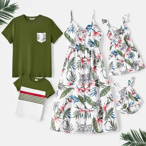 Family Matching Cotton Short-sleeve T-shirts and Allover Floral Print Button Front Cami Dresses Sets