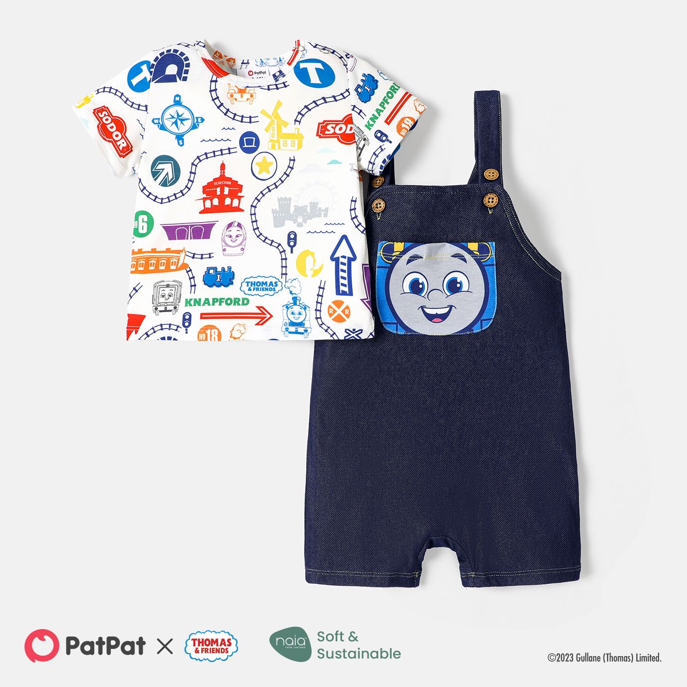 

Thomas & Friends Baby/Toddler Boy/Girl 2pcs Short-sleeve Allover Print Tee and Graphic Overalls Shorts Set