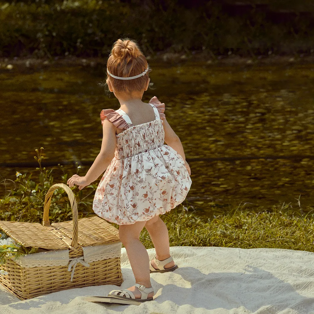 Baby Girl 100% Cotton Contrast Ruffle Trim Bow Front Allover Print Dress big image 7