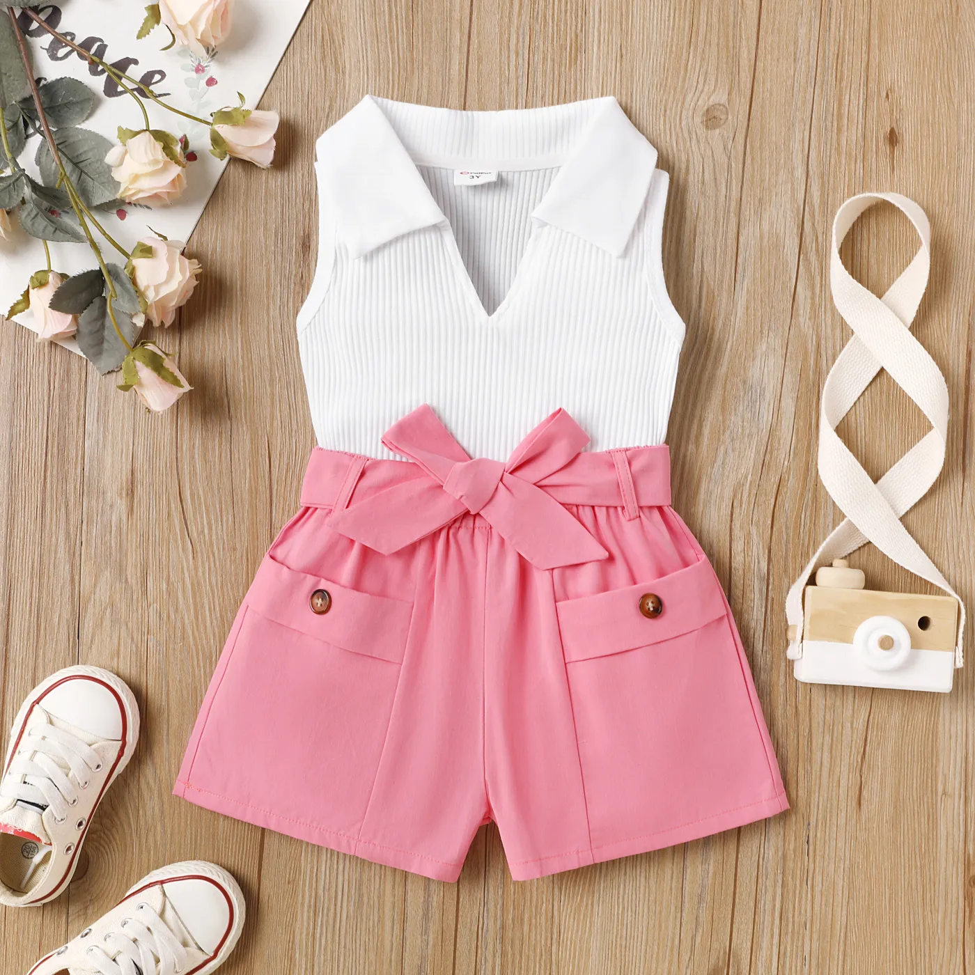 2Pcs Toddler Girl Cotton V Neck Cotton Tank Top and Belted Shorts Set PinkyWhite big image 1