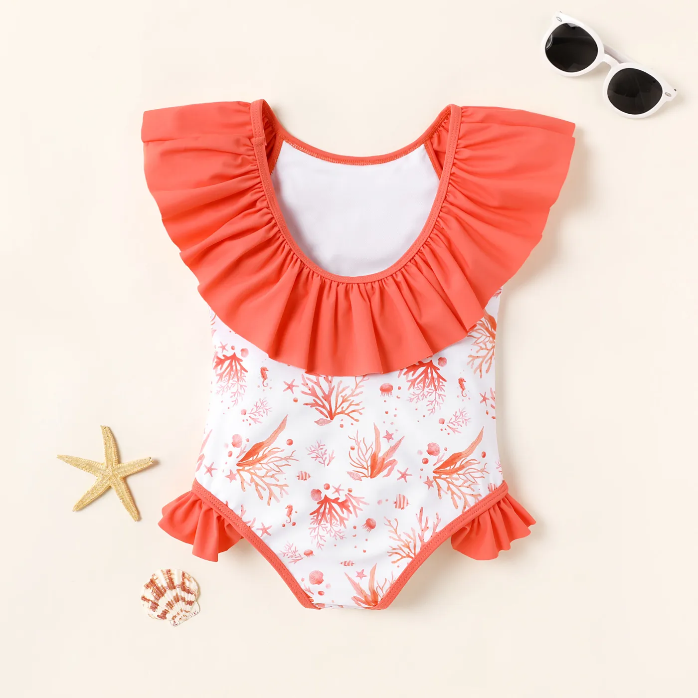 Kid Girl Contrast Ruffle Trim Allover Ocean Graphic One-piece Swimsuit  image 2