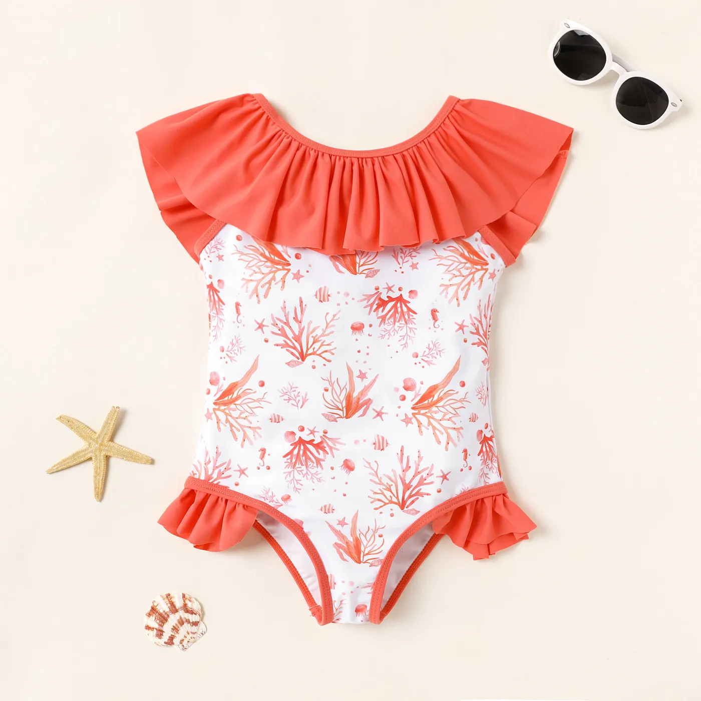 Kid Girl Contrast Ruffle Trim Allover Ocean Graphic One-piece Swimsuit
