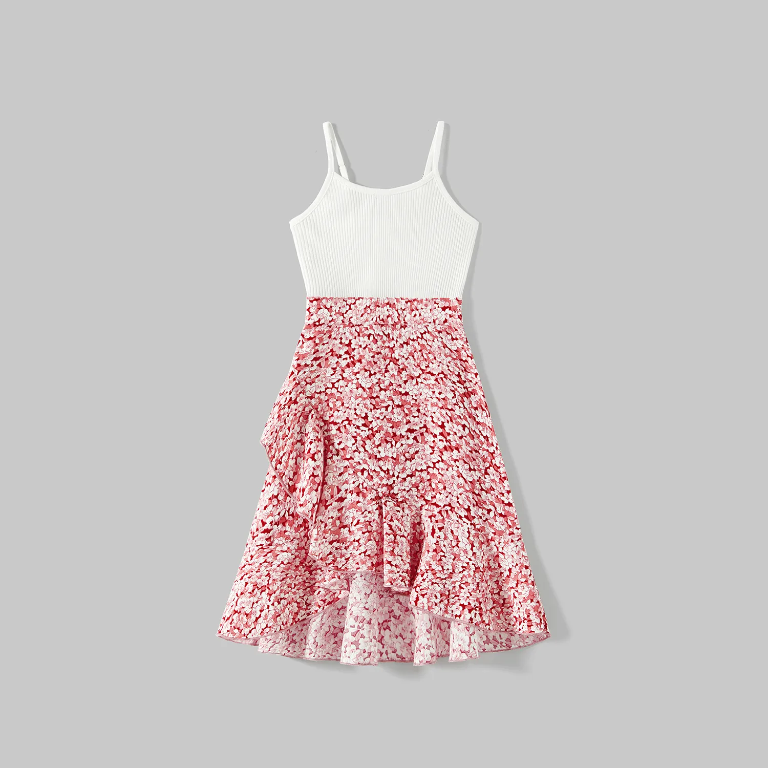 Mommy and Me Cotton Ribbed Spliced Floral Print Ruffle Trim Tulip Hem Cami Dresses  big image 7