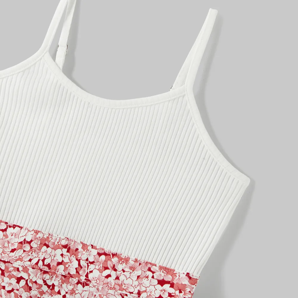 Mommy and Me Cotton Ribbed Spliced Floral Print Ruffle Trim Tulip Hem Cami Dresses big image 8