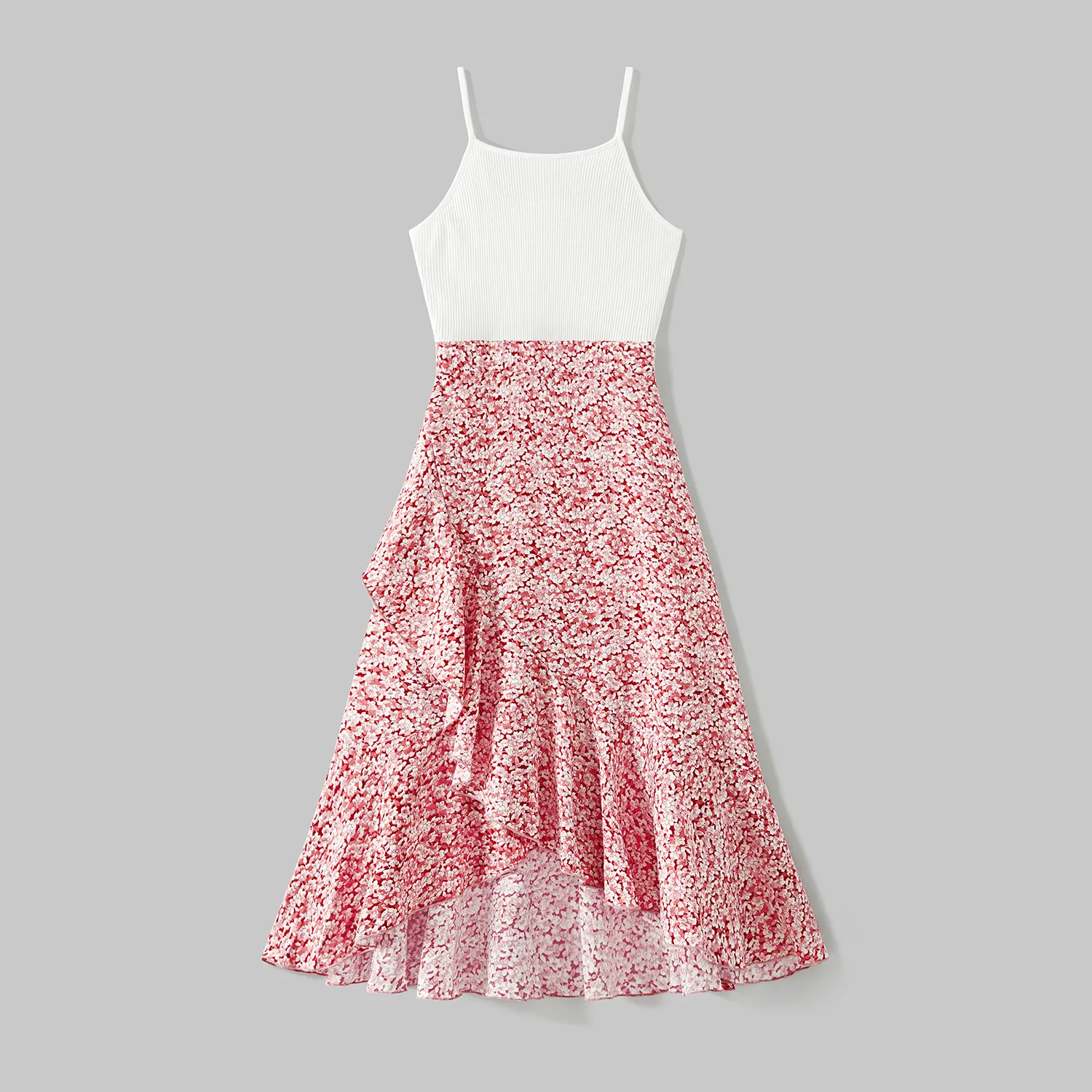 Mommy and Me Cotton Ribbed Spliced Floral Print Ruffle Trim Tulip Hem Cami Dresses  big image 11