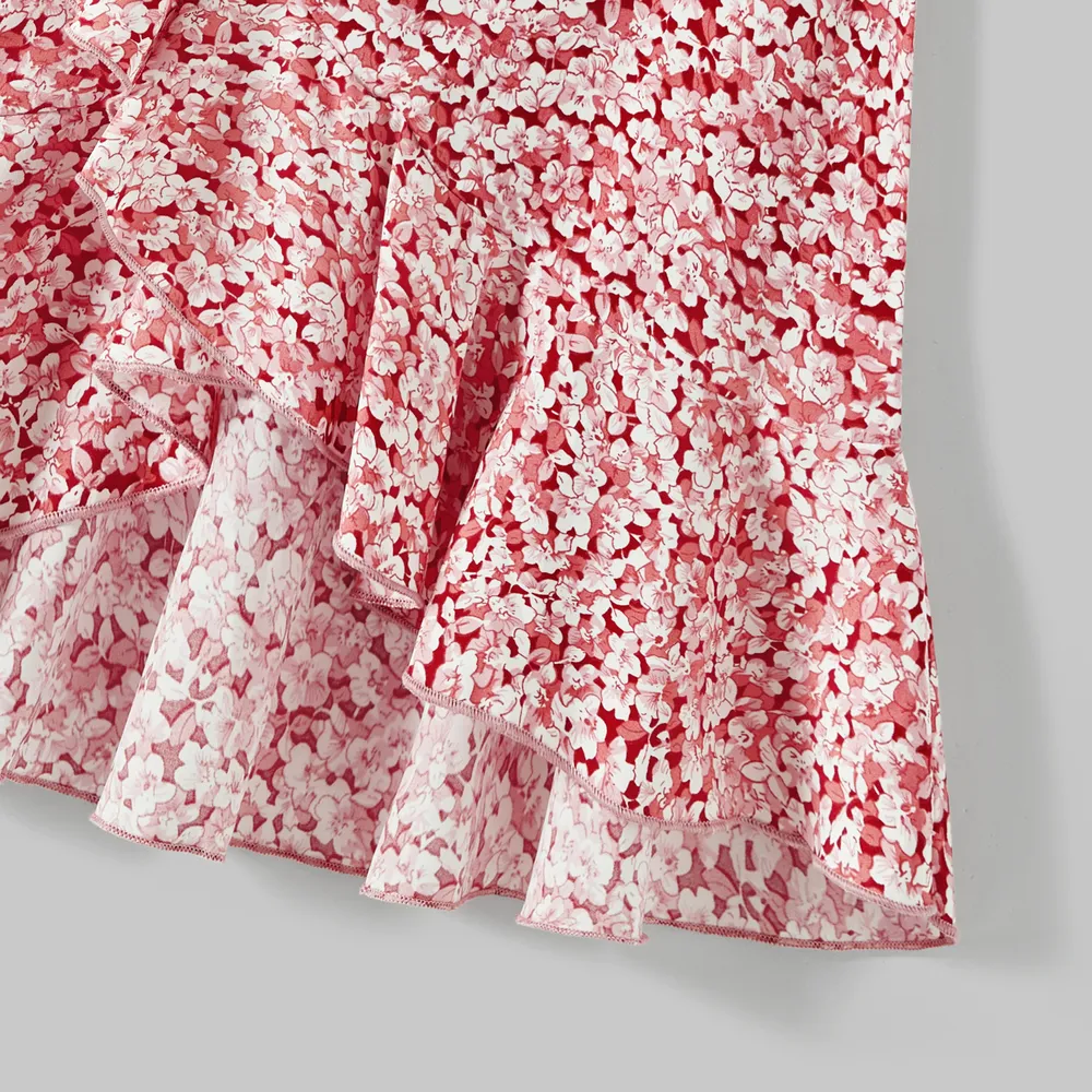 Mommy and Me Cotton Ribbed Spliced Floral Print Ruffle Trim Tulip Hem Cami Dresses big image 10