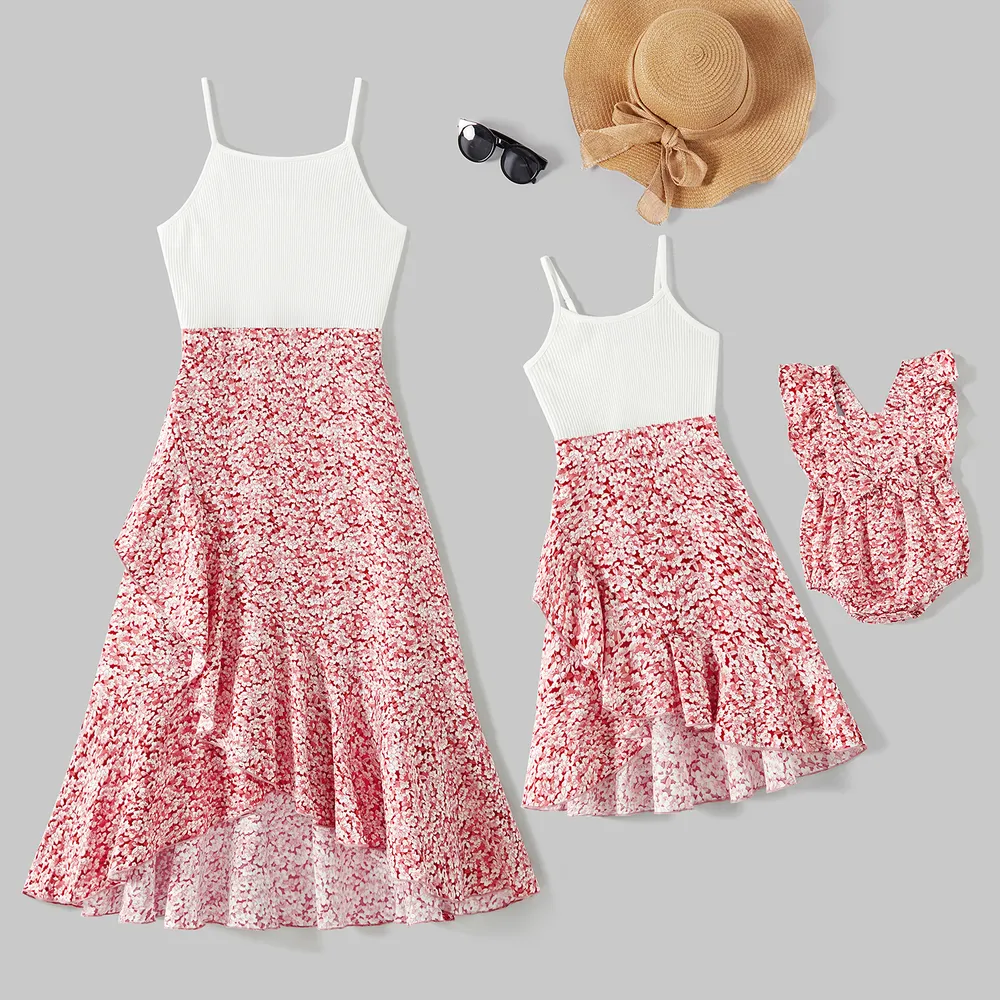 Mommy and Me Cotton Ribbed Spliced Floral Print Ruffle Trim Tulip Hem Cami Dresses  big image 2