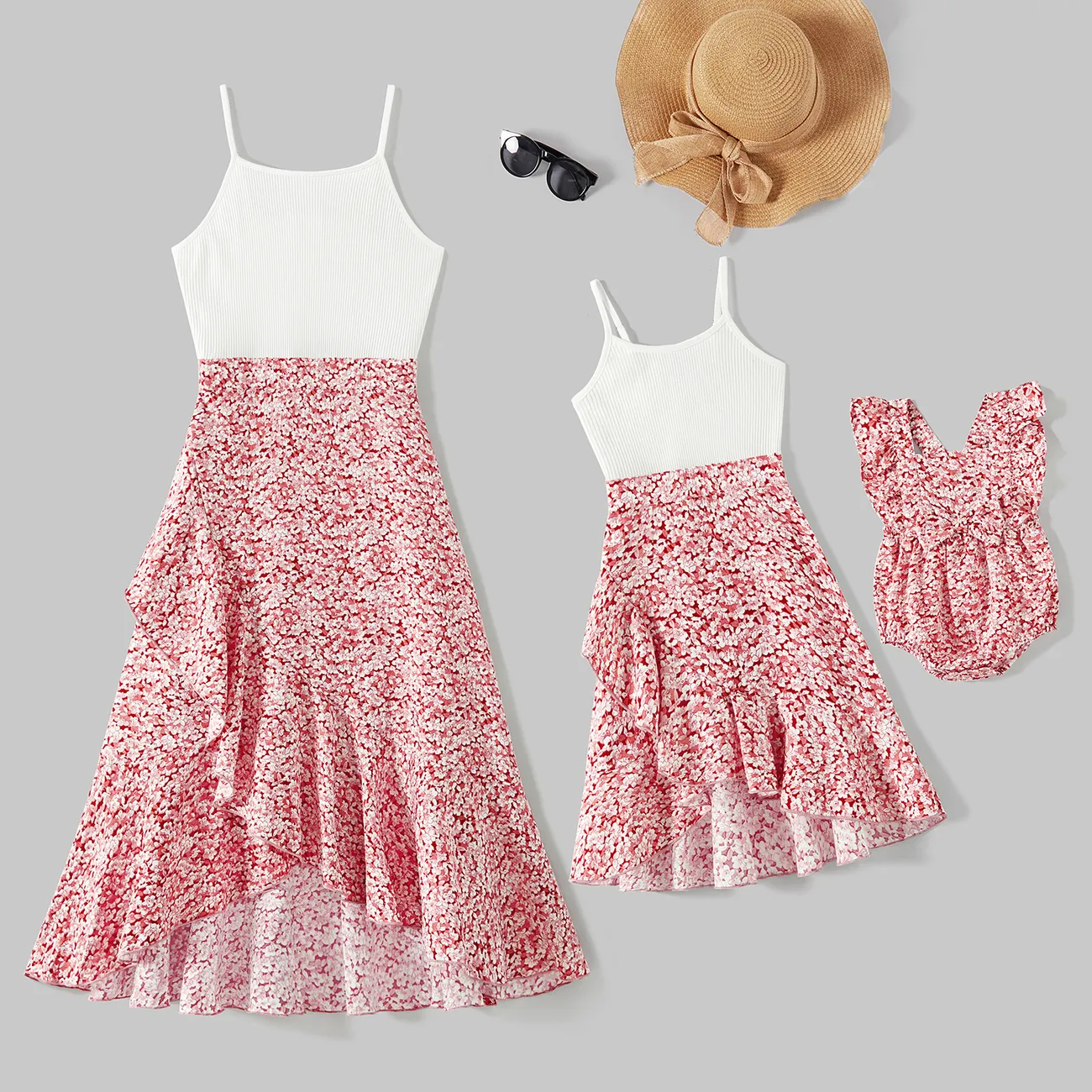 Mommy and Me Cotton Ribbed Spliced Floral Print Ruffle Trim Tulip Hem Cami Dresses ColorBlock big image 1