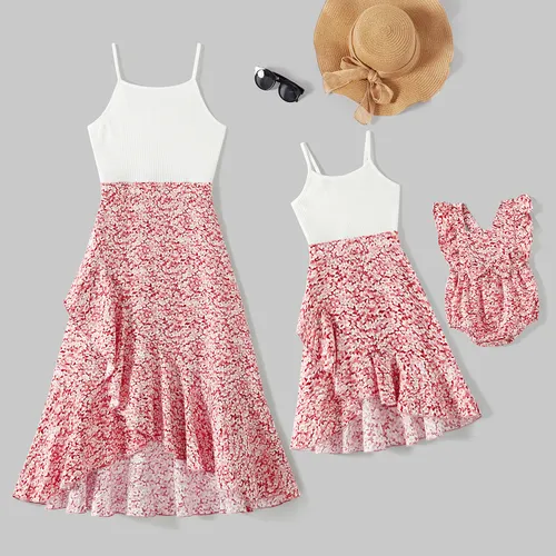 Mommy and Me Cotton Ribbed Spliced Floral Print Ruffle Trim Tulip Hem Cami Dresses