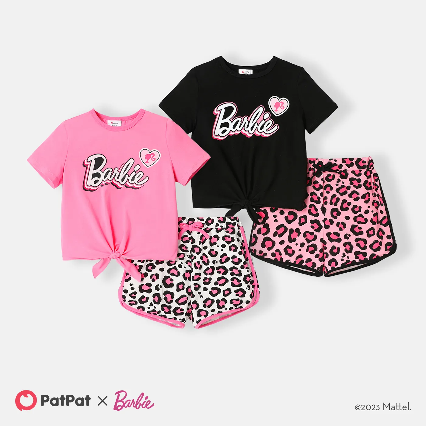 Barbie Kid Girl 2pcs Tie Knot Short-sleeve Cotton Tee and Leopard Print Shorts Set Black image 6