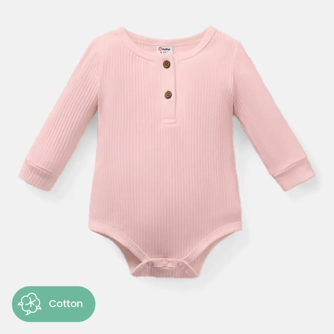 Baby Girl/Boy Cotton Button Design Solid Color Ribbed Long-sleeve Rompers Pink big image 1