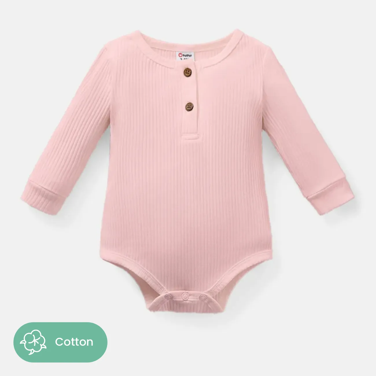 Baby Girl/Boy Cotton Button Design Solid Color Ribbed Long-sleeve Rompers  big image 1