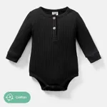 Baby Girl/Boy Cotton Button Design Solid Color Ribbed Long-sleeve Rompers Black