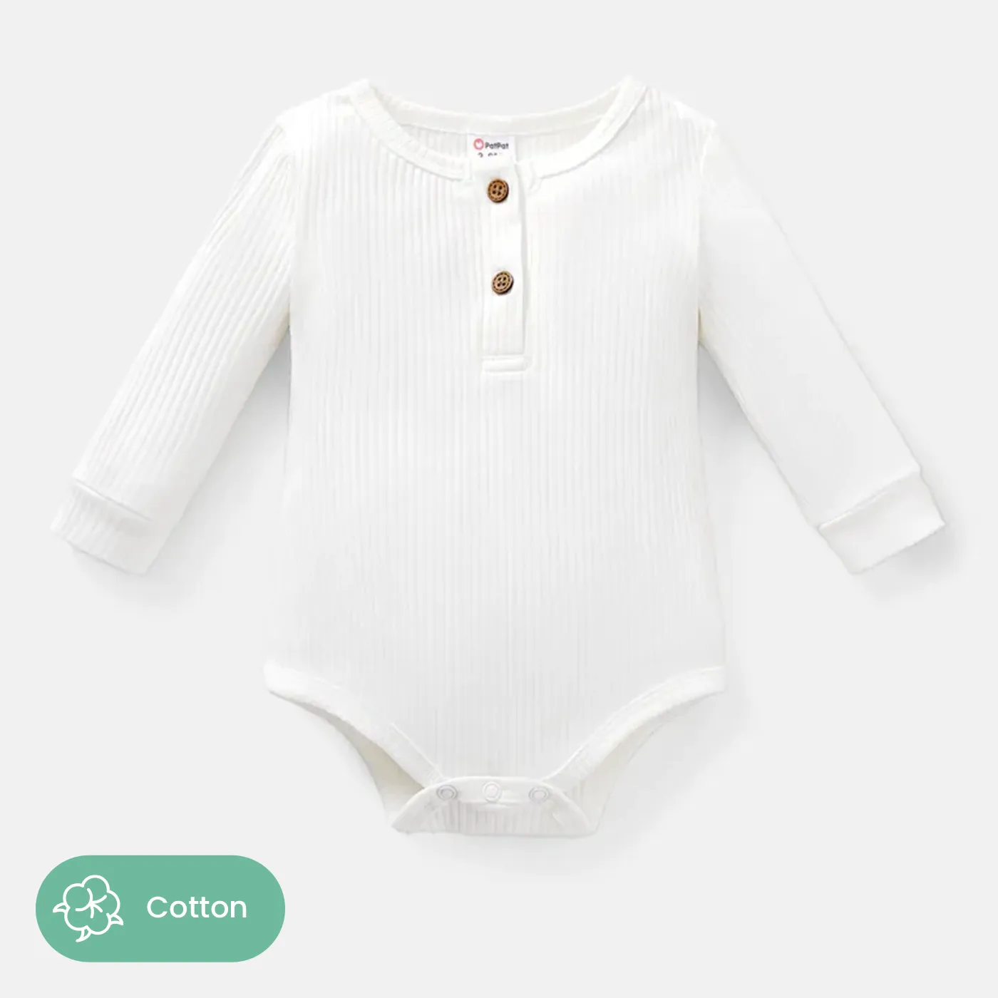 Baby Girl/Boy Cotton Button Design Solid Color Ribbed Long-sleeve Rompers White