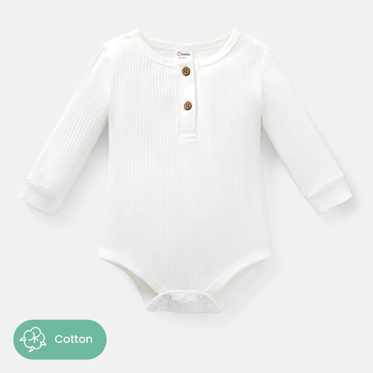 macacão de manga comprida com design de botão de algodão para bebê menina/menino cor lisa Branco big image 1