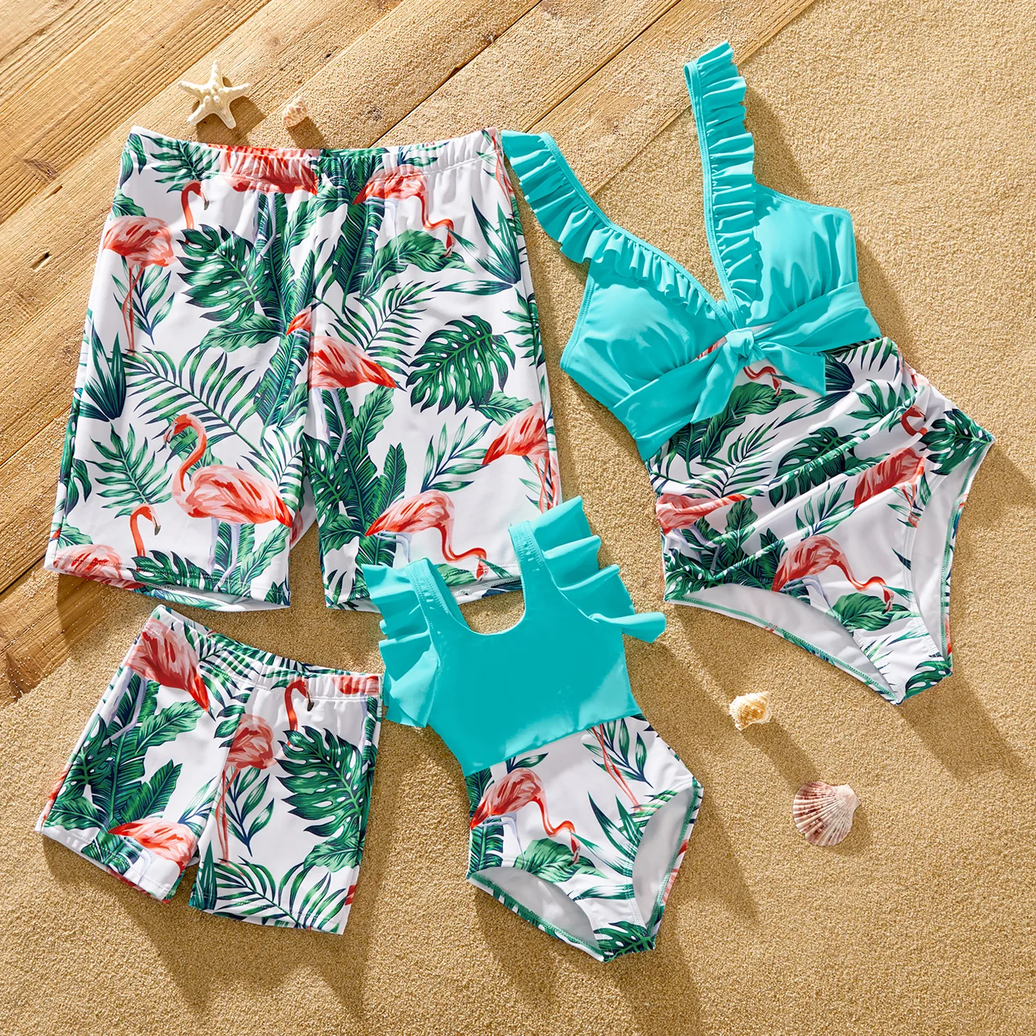 

Family Matching Allover Tropical Print Spliced Solid Ruffled One-piece Swimsuit or Swim Trunks Shorts