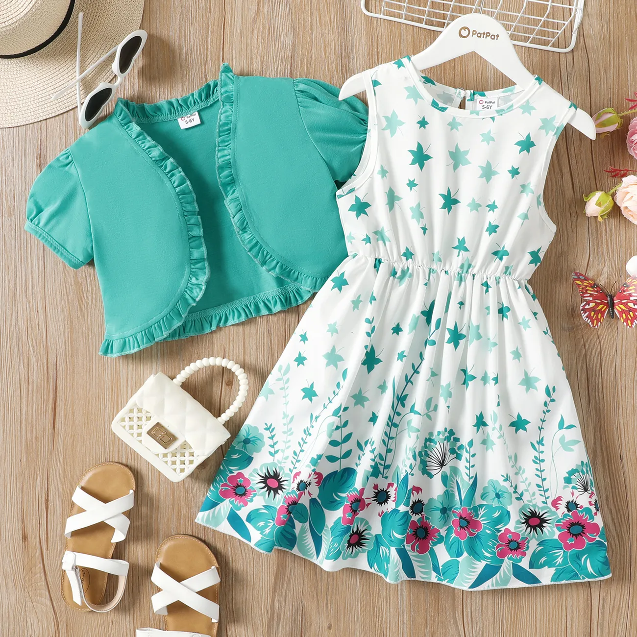 2Pcs Kid Girl Ruffled Short-sleeve Cardigan and Butterfly/Floral Print Tank Dress Set Green big image 1