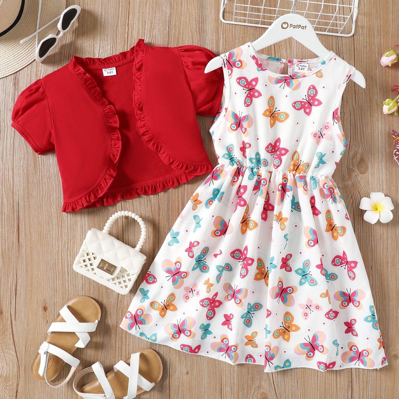2Pcs Kid Girl Ruffled Short-sleeve Cardigan and Butterfly/Floral Print Tank Dress Set
