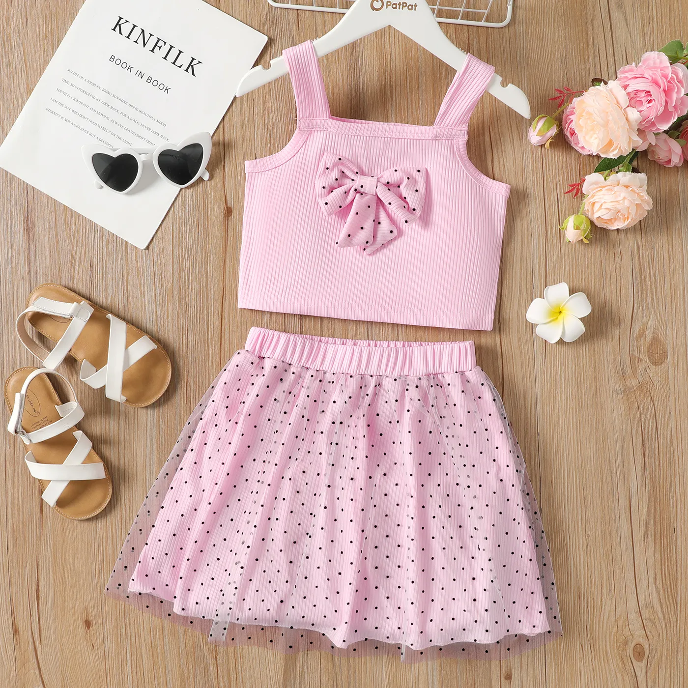 2pcs Kid Girl 3D Bowknot Design Camisole and Polka dots Mesh Skirt Set Pink