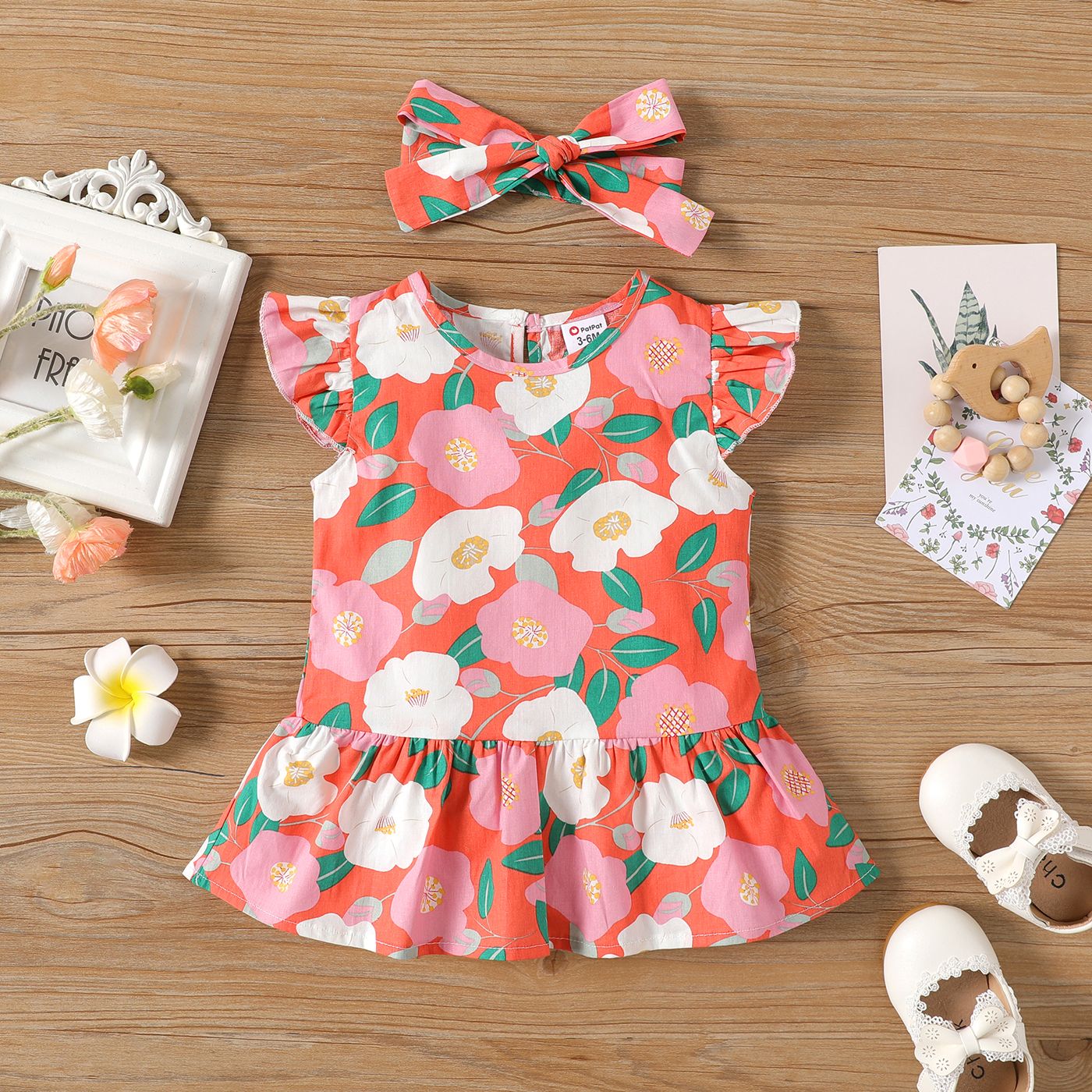 

2pcs Baby Girl 100% Cotton Allover Floral Print Flutter-sleeve Ruffle Hem Dress & Headband Set