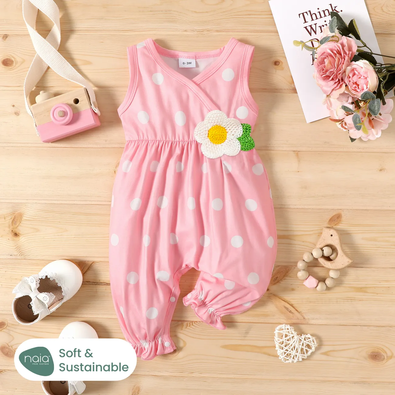 Naia™ Baby Girl Knit Flower Detail Polka Dots Print Tank Jumpsuit  big image 1